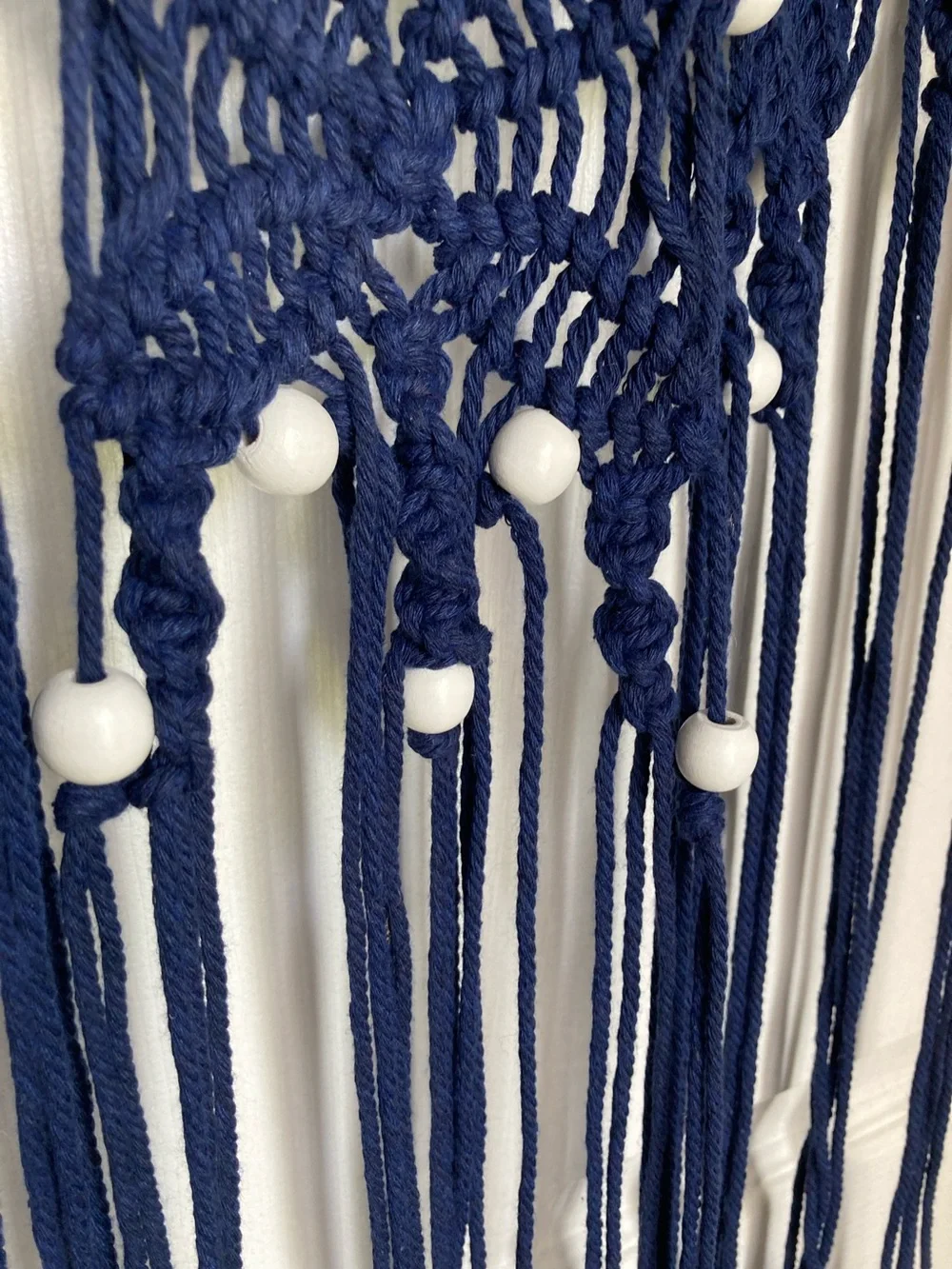 Boho Bohemian Macrame Navy Blue Wall Hanging with White Wooden Beads 38 x 13 in